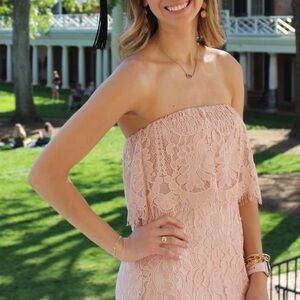 Lulus Blush Lace Strapless Midi Dress